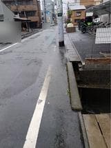 協和工務店北側水路前が水たまりで雨の日　小学生が車道にはみ出て通学しています